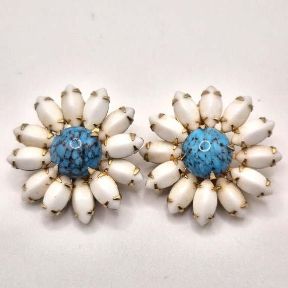Vintage Jewelry - VTG Weiss Faux Turquoise & Milk Glass Earrings | SIGNED